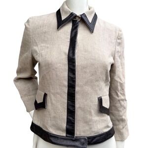 Valentino Roma Vintage 90's Beige 100% Linen Jacket Leather Trim Viscose Lined